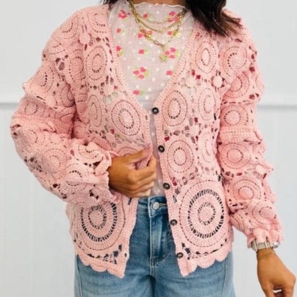 POL Pink Peach Crochet Button Front Cardigan One Size SMC79 Beautiful - Picture 2 of 13